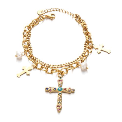 Stainless Steel Jewelry Bracelet, 304 Stainless Steel, with Plastic Pearl, with 3cm extender chain, Cross, Double Layer & fashion jewelry & for woman, Length:Approx 17 cm, Approx 18 cm, Sold By PC