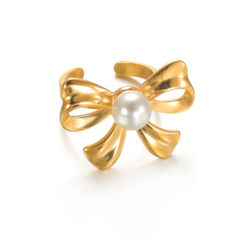 Stainless Steel Finger Ring, 304 Stainless Steel, with Plastic Pearl, Bowknot, fashion jewelry & for woman, golden, Sold By PC