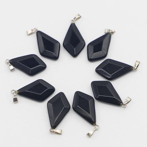 Natural Black Obsidian Pendants, with Iron & 304 Stainless Steel, Rhombus, gold color plated, DIY, black, nickel, lead & cadmium free, 25x15x5mm, Sold By PC