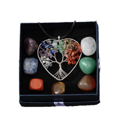 Natural Stone Boxed Decoration Gemstone, with paper box & leather cord & Brass & Iron, mixed colors, nickel, lead & cadmium free, 90x90x40mm, Sold By Box