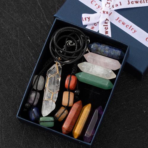 Natural Stone Boxed Decoration Gemstone, with Knot Cord & paper box & leather cord & Iron, mixed colors, nickel, lead & cadmium free, 90x70x30mm, Sold By Box