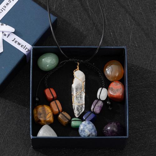 Natural Stone Boxed Decoration Gemstone, with Knot Cord & paper box & leather cord & Iron, mixed colors, nickel, lead & cadmium free, 90x90x40mm, Sold By Box