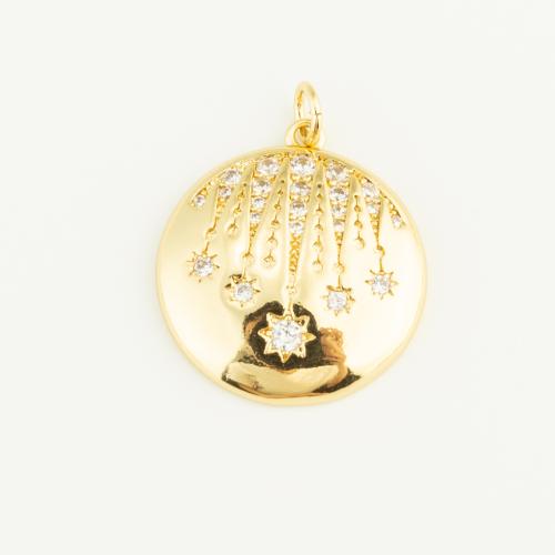 Cubique Pendentif en laiton zircon pavent, Rond, Placage de couleur d'or, DIY & pavé de micro zircon, protéger l'environnement, sans nickel, plomb et cadmium, 22x20x3mm, Vendu par PC