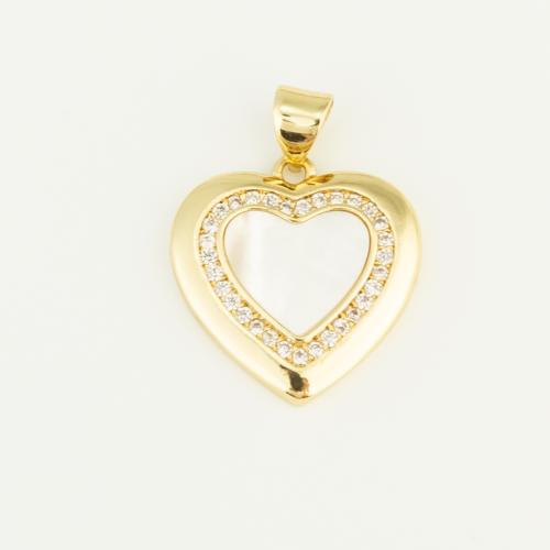 Brass Heart Pendants, with Shell, gold color plated, DIY, white, nickel, lead & cadmium free, 19x18x3mm, Sold By PC