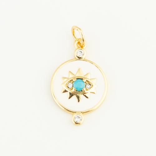 Cubique Pendentif en laiton zircon pavent, avec turquoise, Rond, Placage de couleur d'or, DIY & pavé de micro zircon & émail, blanc, protéger l'environnement, sans nickel, plomb et cadmium, 20x12x2mm, Vendu par PC