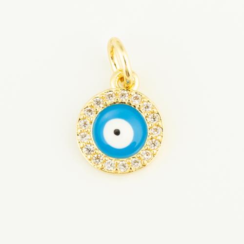 Evil Eye Pendants, Brass, Round, gold color plated, DIY & evil eye pattern & enamel, blue, nickel, lead & cadmium free, 10x8x1mm, Sold By PC