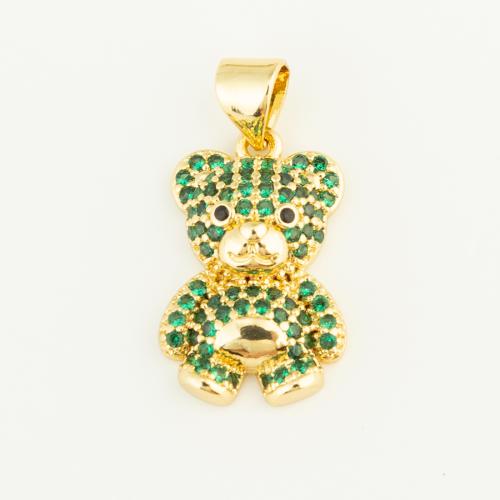 Cubic Zirconia Micro Pave Brass Pendant, Bear, gold color plated, DIY & micro pave cubic zirconia, green, nickel, lead & cadmium free, 18x12x5mm, Sold By PC