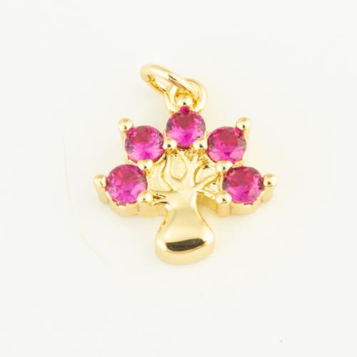 Cubique Pendentif en laiton zircon pavent, arbre, Placage de couleur d'or, DIY & pavé de micro zircon, rose, protéger l'environnement, sans nickel, plomb et cadmium, 12x11x3mm, Vendu par PC