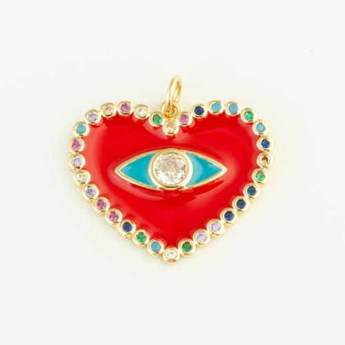 Pendentifs mauvais oeil, laiton, coeur, Placage de couleur d'or, DIY & pavé de micro zircon & émail, rouge, protéger l'environnement, sans nickel, plomb et cadmium, 25x21x2mm, Vendu par PC