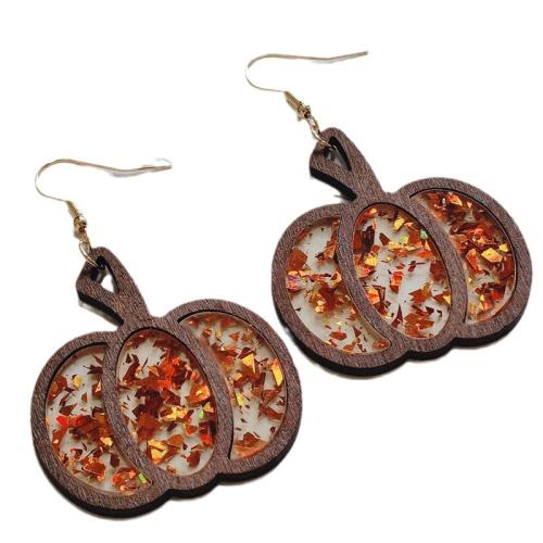 Wood Earring, with Iron & Acrylic, Pumpkin, Halloween Design & fashion jewelry, 64mm, Sold By Pair