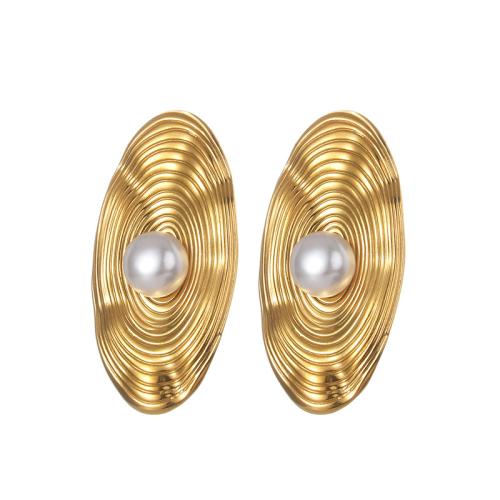 Stainless Steel Stud Earrings, 304 Stainless Steel, with Plastic Pearl, 18K gold plated, fashion jewelry & for woman, Sold By Pair