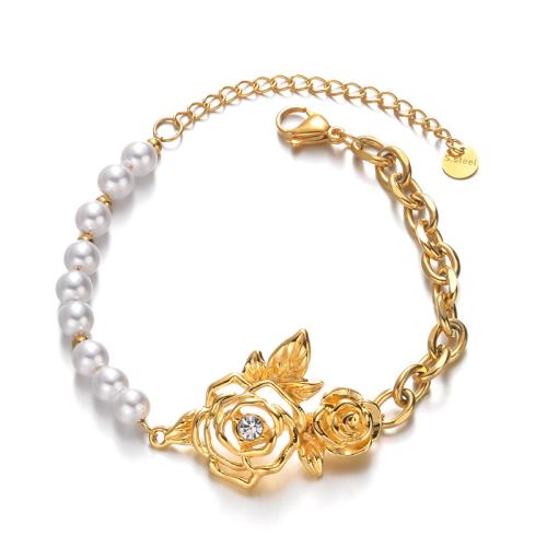 Stainless Steel Jewelry Bracelet, 304 Stainless Steel, with Plastic Pearl, with 5cm extender chain, plated, fashion jewelry & for woman & with rhinestone, gold, Sold By PC