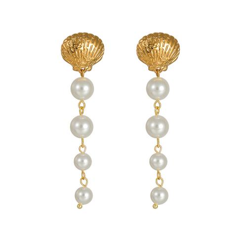 Stainless Steel Stud Earrings, 304 Stainless Steel, with Plastic Pearl, 18K gold plated, fashion jewelry & for woman, Sold By Pair