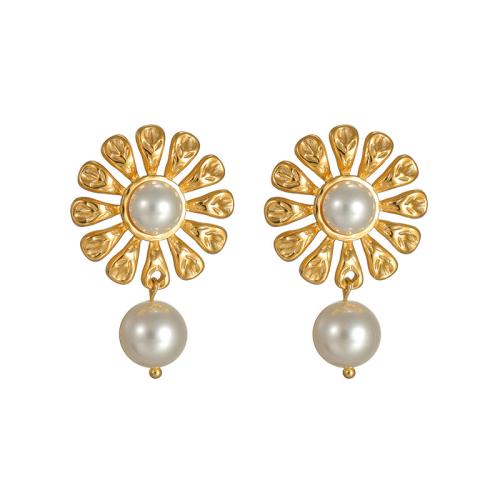 Stainless Steel Stud Earrings, 304 Stainless Steel, with Plastic Pearl, Flower, plated, fashion jewelry & for woman, golden, Sold By Pair