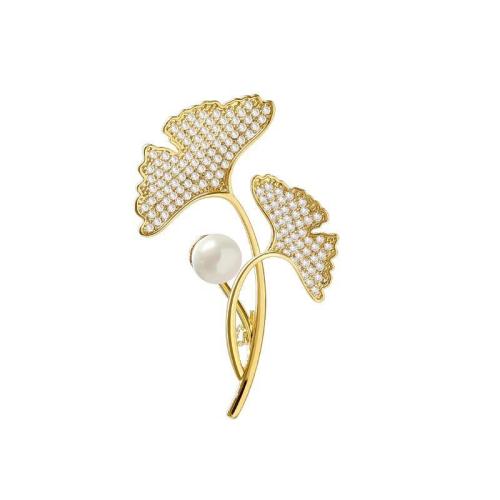 Tibetan Style Brooches, with Plastic Pearl, for woman & with rhinestone, golden, 30x49mm, Sold By PC