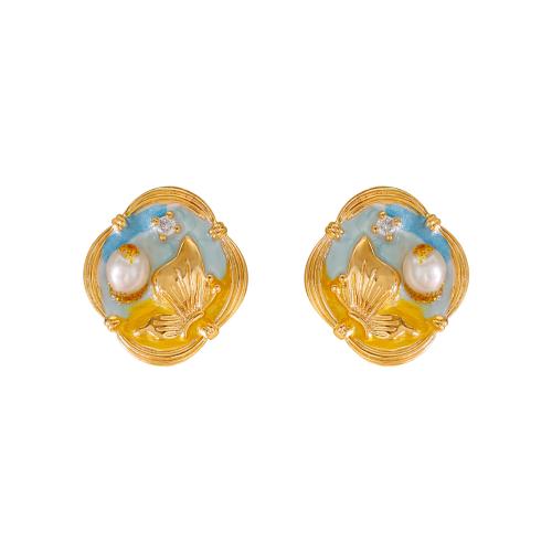 Cúbicos Circonia Pendiente Latón Micro pavimenta, metal, con Perlas cultivadas de agua dulce, 18K chapado en oro, Joyería & micro arcilla de zirconia cúbica & para mujer & esmalte, dorado, 19x17mm, Vendido por Par