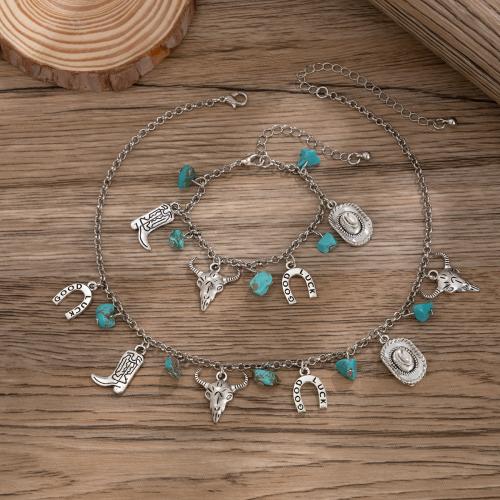 Tibetan Style Jewelry Sets, with turquoise, with 7,5cm extender chain, fashion jewelry & different styles for choice & for woman, platinum color, Length:37 cm, 16.5 cm, Sold By PC