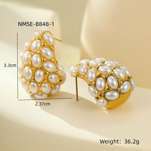 Stainless Steel Stud Earrings, 304 Stainless Steel, with Plastic Pearl, 18K gold plated, fashion jewelry & for woman, golden, 33x23.70mm, Sold By Pair