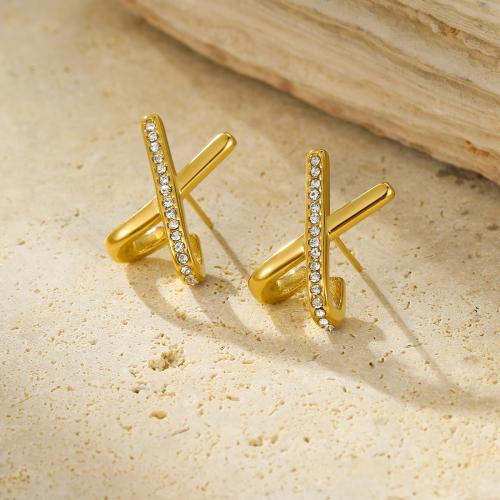 Stainless Steel Stud Earrings, 304 Stainless Steel, 18K gold plated, fashion jewelry & micro pave cubic zirconia & for woman, golden, 19.30x12mm, Sold By Pair