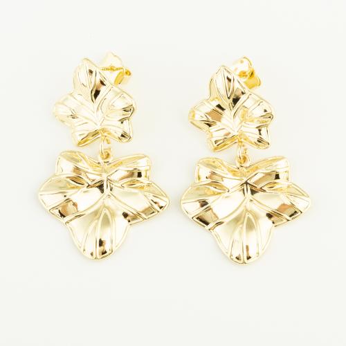 Boucles d'oreilles pendantes en laiton, fleur, Placage de couleur d'or, pour femme, protéger l'environnement, sans nickel, plomb et cadmium, 40x25x3mm, Vendu par paire