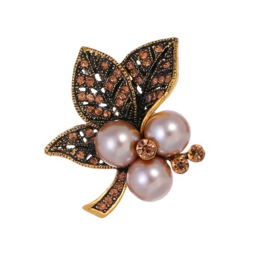 Tibetan Style Brooches, with Plastic Pearl, Leaf, antique gold color plated, fashion jewelry & for woman & with rhinestone, Sold By PC