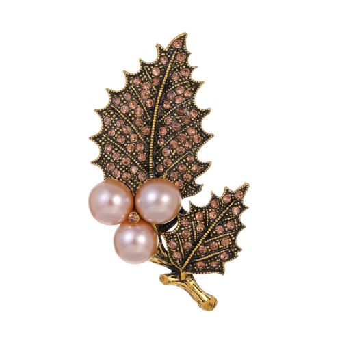 Tibetan Style Brooches, with Plastic Pearl, Leaf, antique gold color plated, for woman & enamel & with rhinestone, Sold By PC