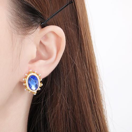 Boucle d'oreille de gaujon en acier inoxydable, Acier inoxydable 304, avec coquille & verre, pour femme, plus de couleurs à choisir, Vendu par paire