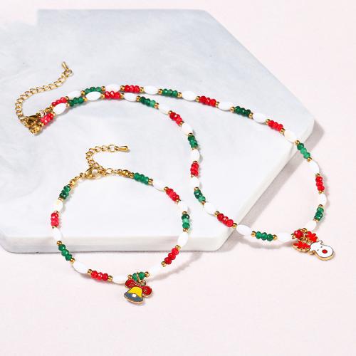 White Shell Bracelet and Necklace, with Green Calcedony & Carnelian & 304 Stainless Steel & Tibetan Style, handmade, Christmas jewelry & different styles for choice & for woman & enamel, Sold By PC