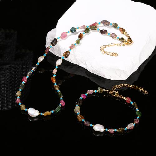 Tourmaline Bracelet and Necklace, with Plastic Pearl & 304 Stainless Steel, irregular, handmade, different styles for choice & for woman, beads length 6-8mm, Sold By PC