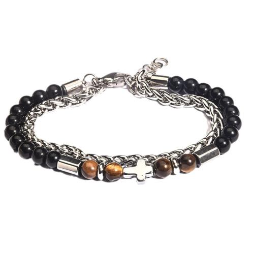 acero inoxidable 304 Pulsera, con Ojo de tigre & Piedra Negra, con 2inch extender cadena, Cruces, hecho a mano, diferentes estilos para la opción & para hombre, longitud:aproximado 7.5 Inch, Vendido por UD