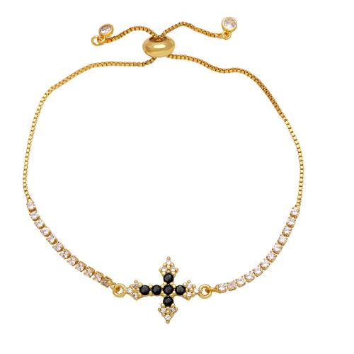 Cuivre bracelet, croix, Placage de couleur d'or, pavé de micro zircon & pour femme, plus de couleurs à choisir, Longueur:Environ 9.4 pouce, Vendu par PC