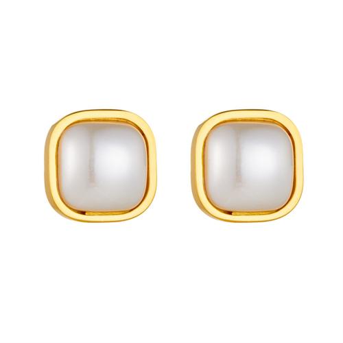 Stainless Steel Stud Earrings, 304 Stainless Steel, with Plastic Pearl, gold color plated, fashion jewelry & for woman, golden, 13mm, Sold By Pair