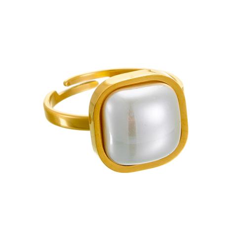 Stainless Steel Finger Ring, 304 Stainless Steel, with Plastic Pearl, fashion jewelry & for woman, golden, Sold By Pair