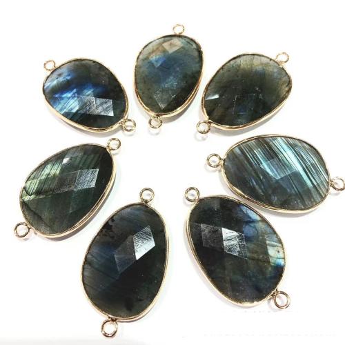 Connecteur de pierre gemme, Labradorite, avec laiton & fer, Placage de couleur d'or, DIY & boucle de 1/1, 30x22x7mm, Vendu par PC