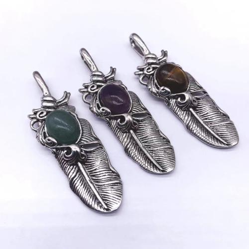 Gemstone Pendants Jewelry, Tibetan Style, with Natural Stone, Feather, silver color plated, DIY & different materials for choice, more colors for choice, nickel, lead & cadmium free, 60x18mm, Sold By PC