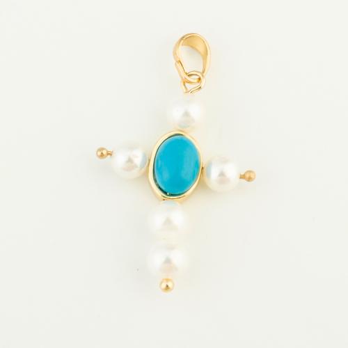 Brass Cross Pendants, with turquoise & Plastic Pearl, gold color plated, DIY, nickel, lead & cadmium free, 30x21x5mm, Sold By PC