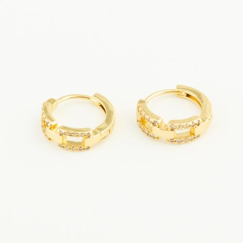 Boucles d'oreilles en laiton zircon cubique pavent, Légèrement rond, Placage de couleur d'or, pavé de micro zircon & pour femme, protéger l'environnement, sans nickel, plomb et cadmium, 14x14x5mm, Vendu par paire