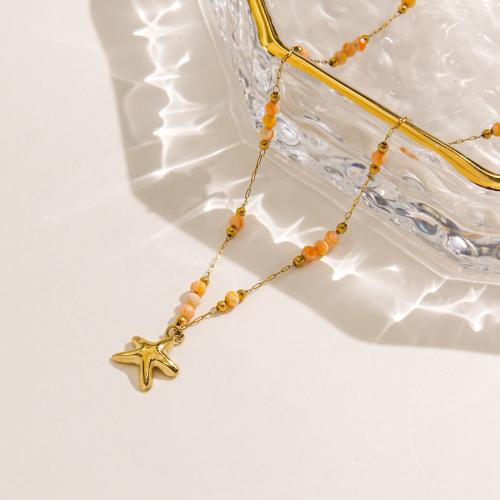 Stainless Steel Jewelry Necklace, 304 Stainless Steel, with Natural Stone, Starfish, gold color plated, for woman, Sold By PC