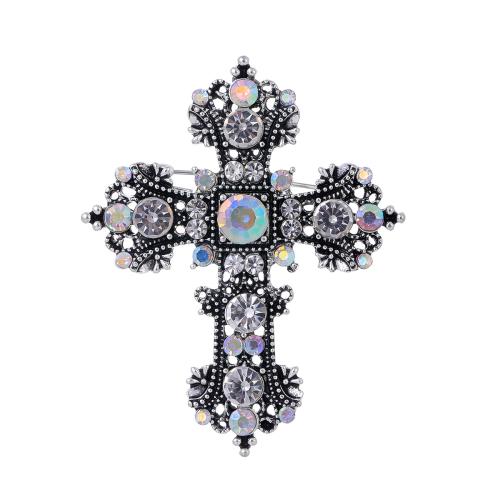 Tibetan Style Brooches, Cross, antique silver color plated, fashion jewelry & Unisex & with rhinestone, Sold By PC