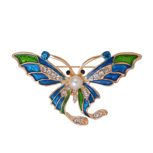 Tibetan Style Brooches, with Plastic Pearl, Butterfly, KC gold color plated, Unisex & enamel & with rhinestone, Sold By PC