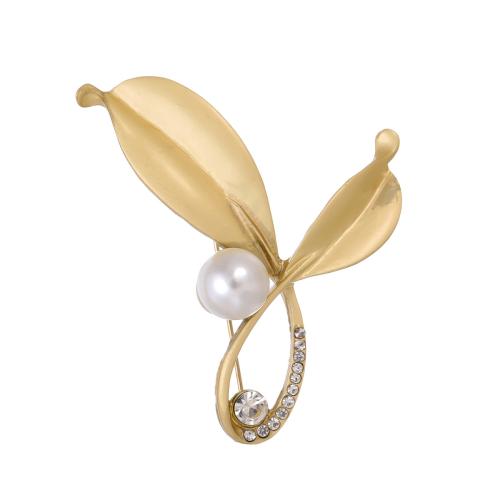 Tibetan Style Brooches, with Plastic Pearl, Leaf, plated, fashion jewelry & Unisex & with rhinestone, golden, Sold By PC