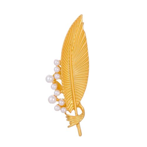 Tibetan Style Brooches, with Plastic Pearl, Leaf, plated, fashion jewelry & for woman, golden, Sold By PC