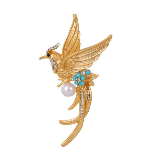 Tibetan Style Brooches, with Plastic Pearl, Phoenix, plated, fashion jewelry & Unisex & with rhinestone, golden, Sold By PC