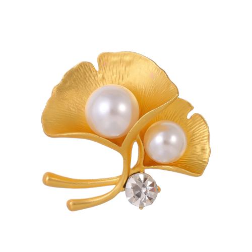 Tibetan Style Brooches, with Plastic Pearl, Leaf, plated, fashion jewelry & for woman & with rhinestone, golden, Sold By PC