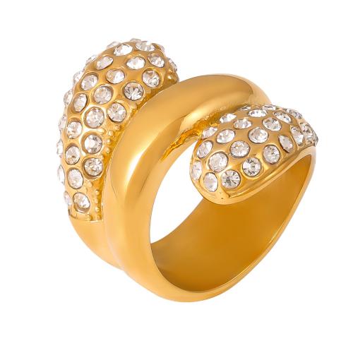 Anillo de dedo acero inoxidable del Rhinestone, acero inoxidable 304, 18K chapado en oro, diverso tamaño para la opción & para mujer & con diamantes de imitación, Vendido por UD