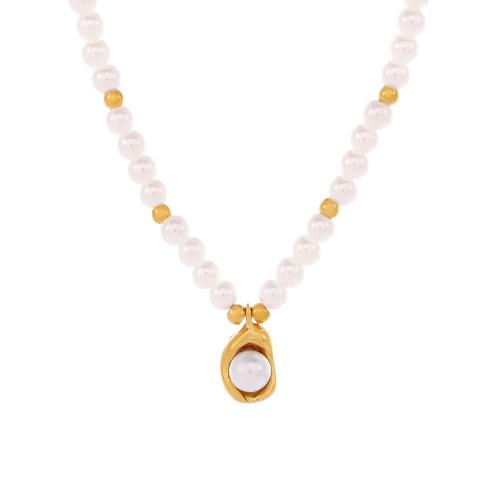 Collier d'acier titane, avec Shell Pearl, avec 7cm chaînes de rallonge, Plaqué or 18K, bijoux de mode & pour femme, Longueur:Environ 38 cm, Vendu par PC