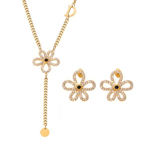 Sets de Joyas, Partículas de acero, con cúbica circonia, Flor, 18K chapado en oro, Joyería & diferentes estilos para la opción & para mujer, Vendido por UD