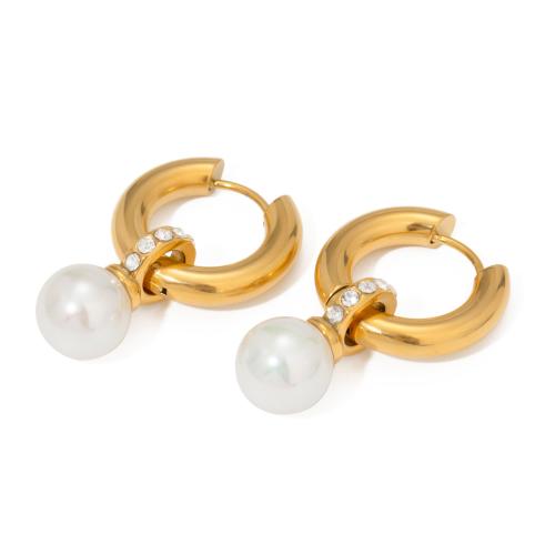 Stainless Steel Lever Back Earring, 304 Stainless Steel, with Plastic Pearl, plated, fashion jewelry & for woman & with rhinestone, golden, Sold By Pair