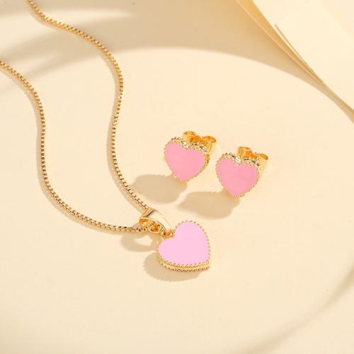 Brass Jewelry Set, Stud Earring & necklace, Heart, plated, for woman & enamel, more colors for choice, Sold By Set