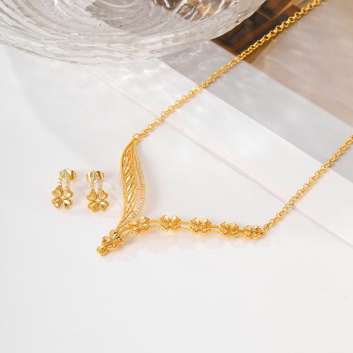 Cubic Zirconia Micro Pave Brass Jewelry Sets, Stud Earring & necklace, plated, micro pave cubic zirconia & for woman, gold, Sold By Set